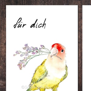 Greeting card male parrot with flowers in its beak &quot;for you&quot;
