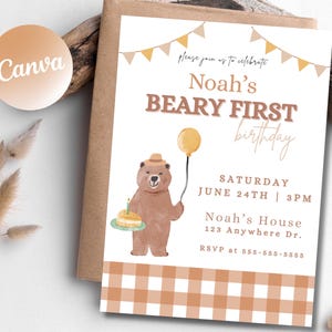 Bearbeitbare Beary Erster Geburtstag einladen, Teddybär-Geburtstagseinladung, 1. Geburtstagseinladung, druckbare Einladung, Telefon einladen