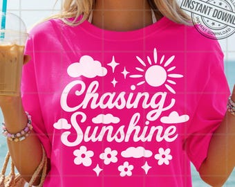 Chasing Sunshine SVG PNG | Retro Summer Vibes T-Shirt Png | Groovy Sunshine Quote Digital Download | Boho Cut File Instant, Commercial Use