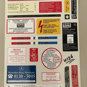 Information signs 20 pieces stickers, warning labels for Mercedes W126 S-Class NEW