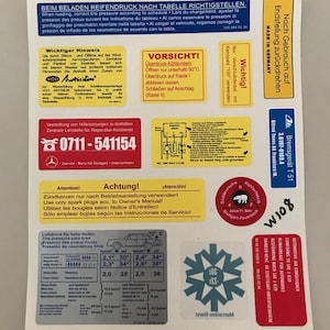 Information signs 13 pieces stickers, warning labels for Mercedes W108 W109 NEW