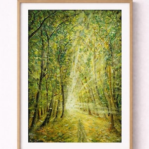 Lámina con estampado de sendero soleado en el bosque, arte mural de bosque verde y amarillo, descarga digital.