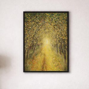 Sunlit Forest Path Print, Yellow Woodland Wall Art, Digital Download