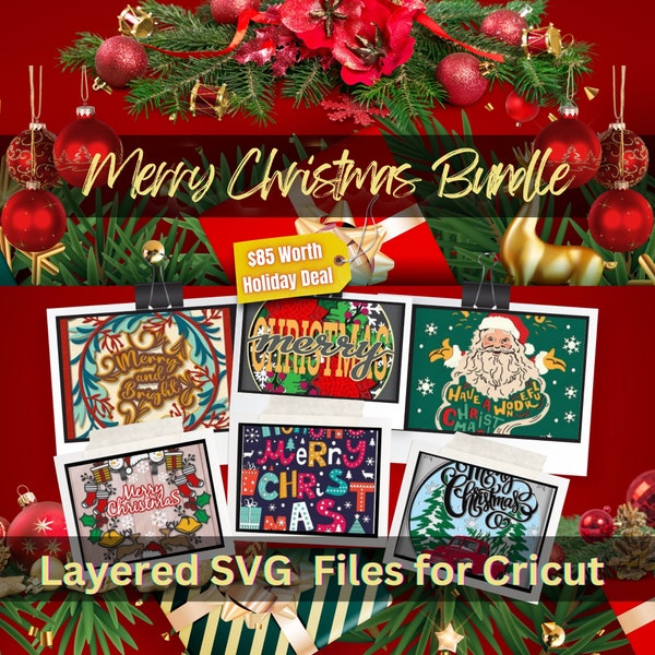 3D Merry Christmas Bundle Ornament Christmas Poinsettia Shadow Box Svg, Cricut Files, Cardstock Svg, Silhouette Files, Unique Christmas Card