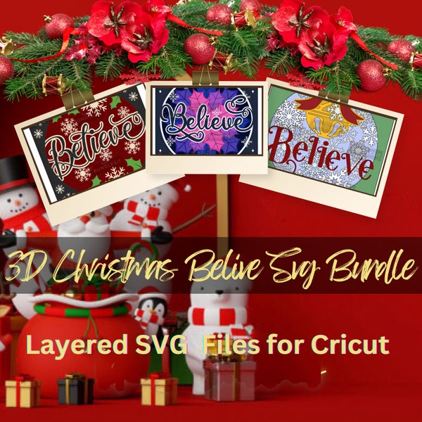 3D Christmas Belive Svg Bundle, Poinsettia Shadow Box Svg, Cricut Files, Cardstock Svg, Silhouette Files, Christmas Ornament Svg Bundle