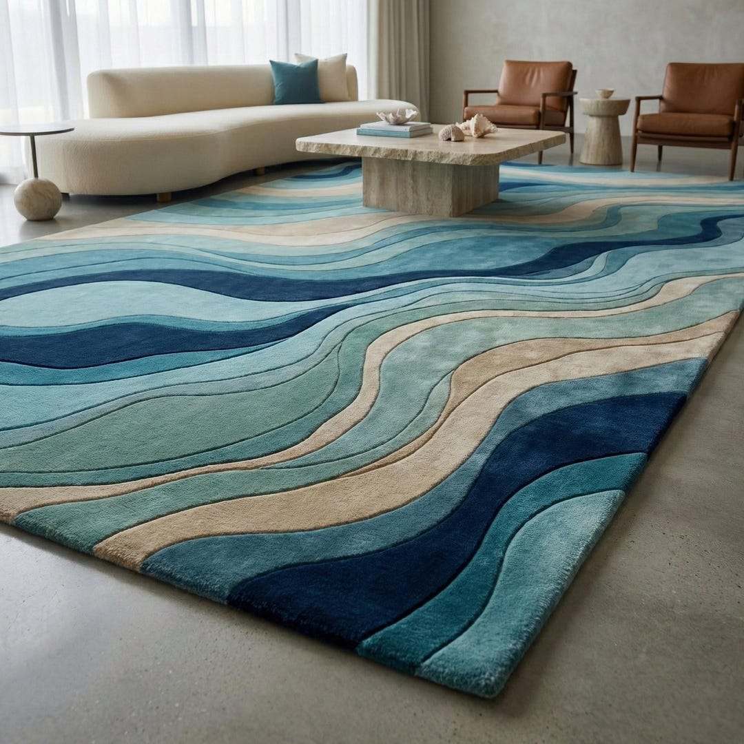 Coastal Blue Wave Area Rug Hand Tufted Ocean-inspired Modern Rug | 8x10 ...