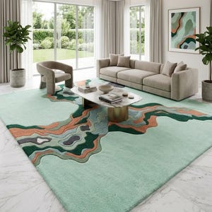Abstract Topographic Wool Rug, Hand Tufted Modern Contour Map Area Rug, Mint Green Terracotta Wave Carpet, Artistic StatementLiving Room Rug