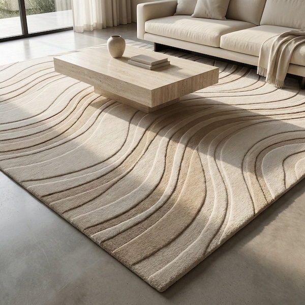 Phone3D carved wave pattern, Handmade Beige Tufted Rug,  Wool Carpet, Modern Minimal Living Room