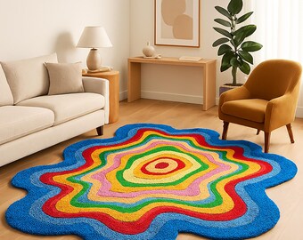 Modern 8x10 Living Room Rug, Handmade Wool Rug, Vibrant Rainbow Rug,