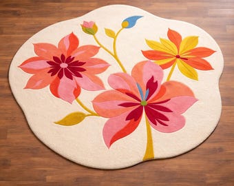 Handmade Tufted Wool Floral Rug, Cream Pink Irregular Flower Carpet