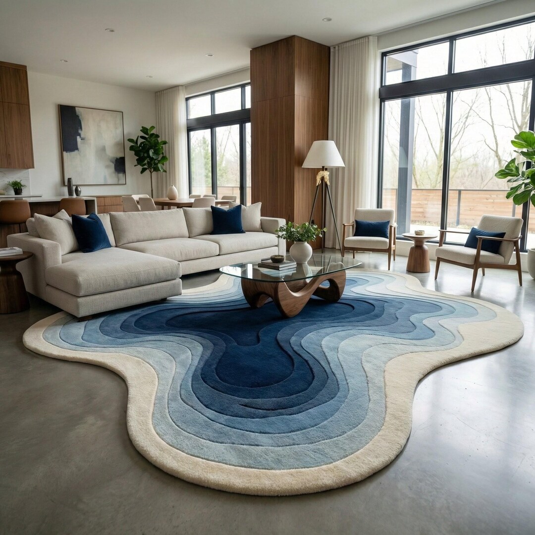Hand Tufted Blue Abstract Shape Rug Modern Wave Design Wool Area Rug - Etsy