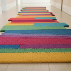 May include: A multi-coloured rectangular rug with horizontal stripes in a rainbow pattern. The rug displays a spectrum of colours, including yellow, green, blue, purple, and red. The rug is laid in a hallway.