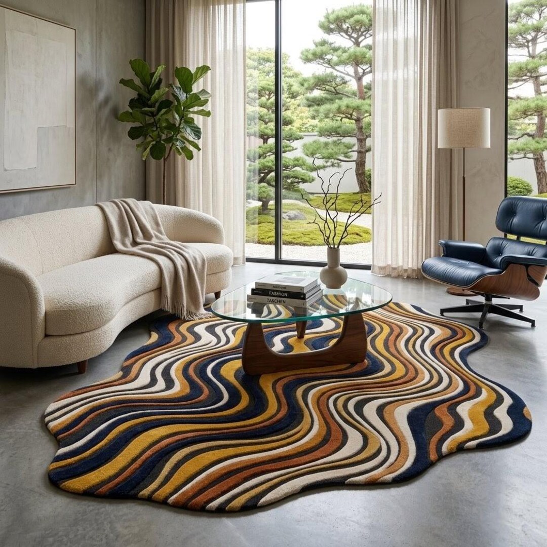 Retro Wavy Stripe Wool Rug, Hand Tufted Abstract Line Area Rug, Mid ...