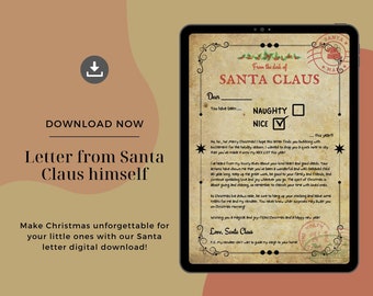 May include: A printable letter from Santa Claus, with a vintage design, for children. The letter includes a naughty or nice checklist and a message from Santa.