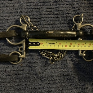 May include: A black leather horse bit with a silver mouthpiece and two rings. The bit is 10 inches long and has a chain attached to it. The bit is on a blue fabric background.