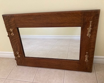 Antique, handmade solid oak mirror with four brass hangers