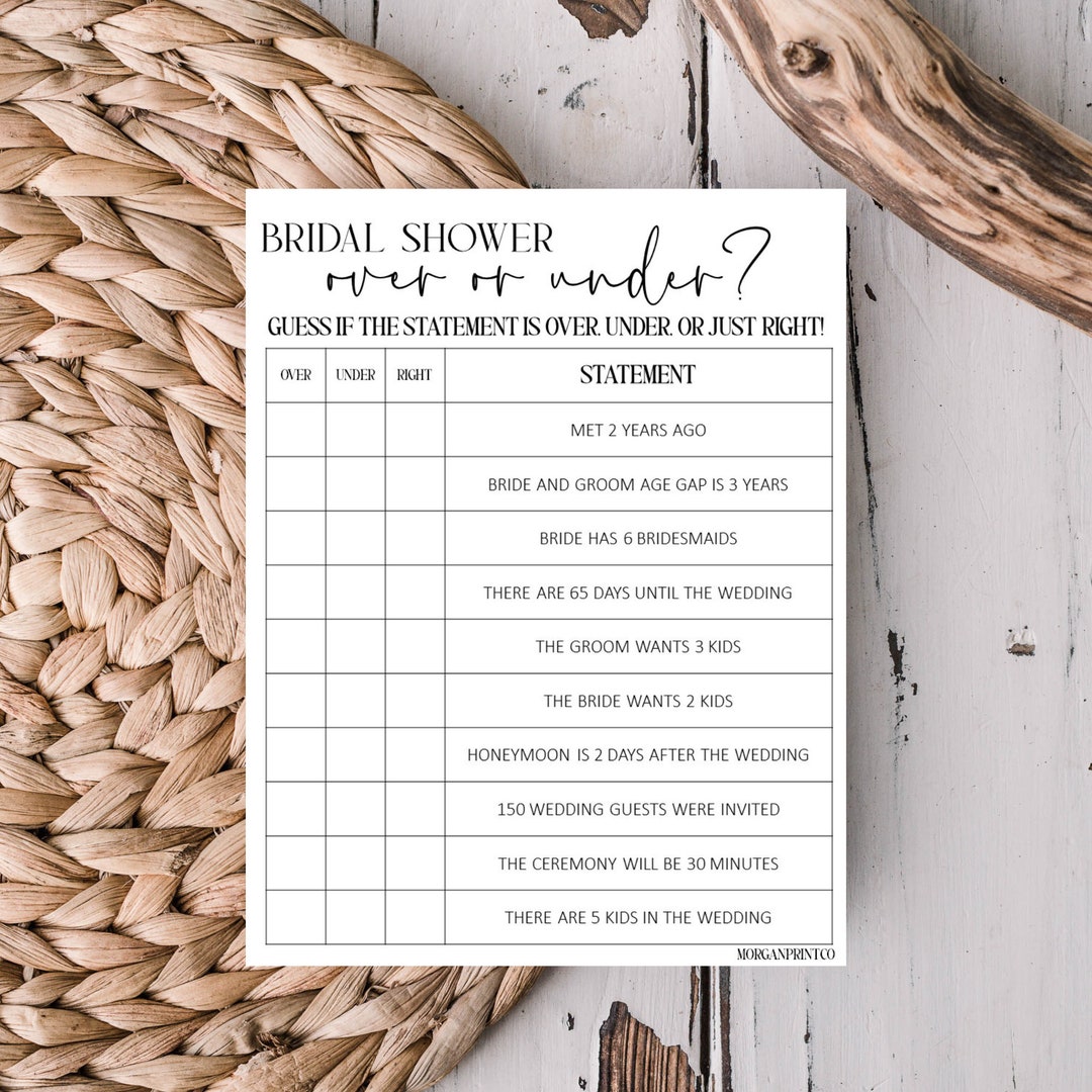 Bridal Shower Over Under Game Printable Instant Download - Etsy