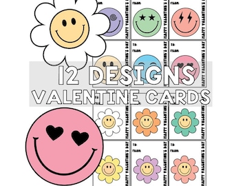 Groovy Smiley Face Retro Flower Valentine Cards Valentines voor kinderen Digitale Instant Download
