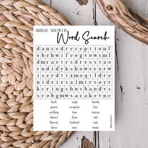 Bridal Shower Word Search Game Printable Instant Download