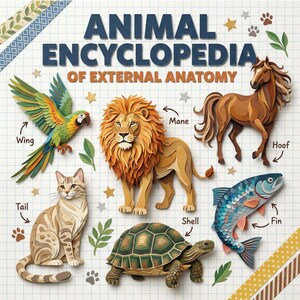 以下が含まれることがあります： 「動物外部解剖学百科事典」のイラストには、切り絵風の動物が描かれています。オウム、ライオン、馬、猫、カメ、魚が体の部分のラベルとともに表示されています。タイトルは濃い青色で、金色の星が描かれています。