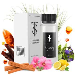 May include: A clear glass bottle with a black cap and label. The label says "TIMELESS SCENTING My Way Fragrance Oil". The bottle is sitting on a white background with flowers, lemons, and sticks of wood.