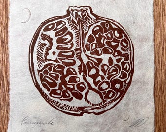 Pomegranate lino print on petal paper - maroon