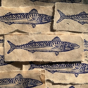Lino print mackerel fish original on handmade paper