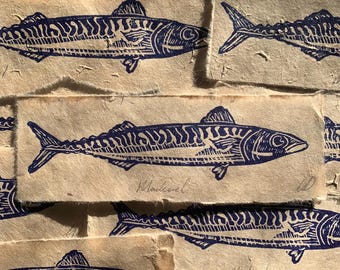 Lino print mackerel fish original on handmade paper