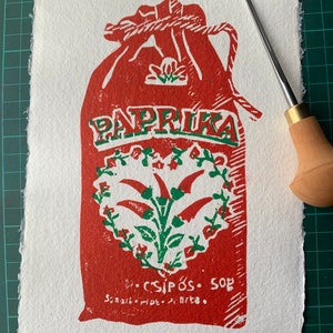 Lino print Paprika spice bag A5 on handmade paper