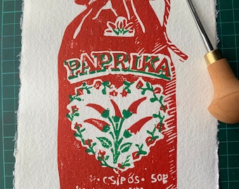 Paprika spice bag A5 Lino print on handmade paper