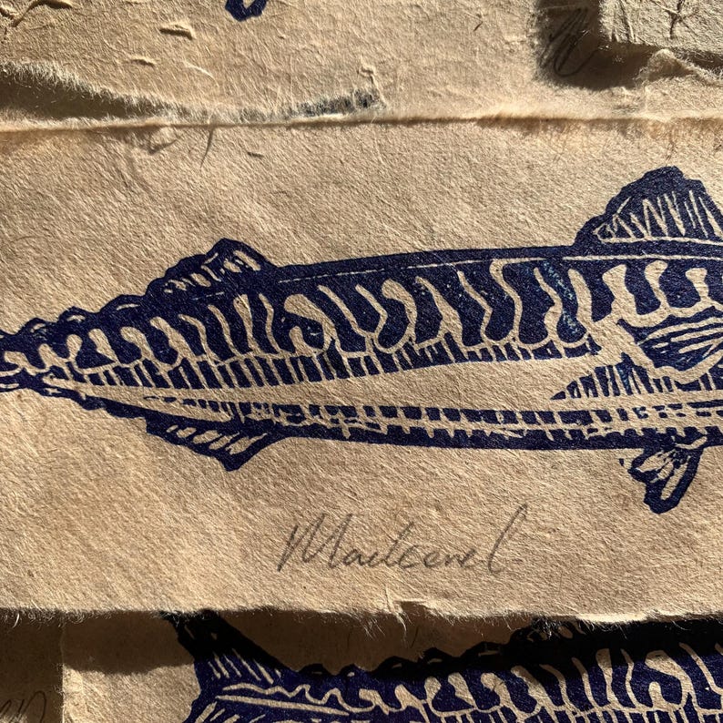 May include: A dark blue ink block print of a fish on textured, light tan handmade paper. The fish features detailed skeletal or striped patterns along its body. Below the fish, the word "Mackerel" is handwritten in cursive script in dark ink.