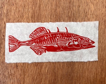 Lino print Spiked stickleback fish original on handmade paper