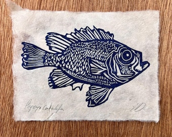 Lino print Popeye Catalufa fish on handmade paper a6