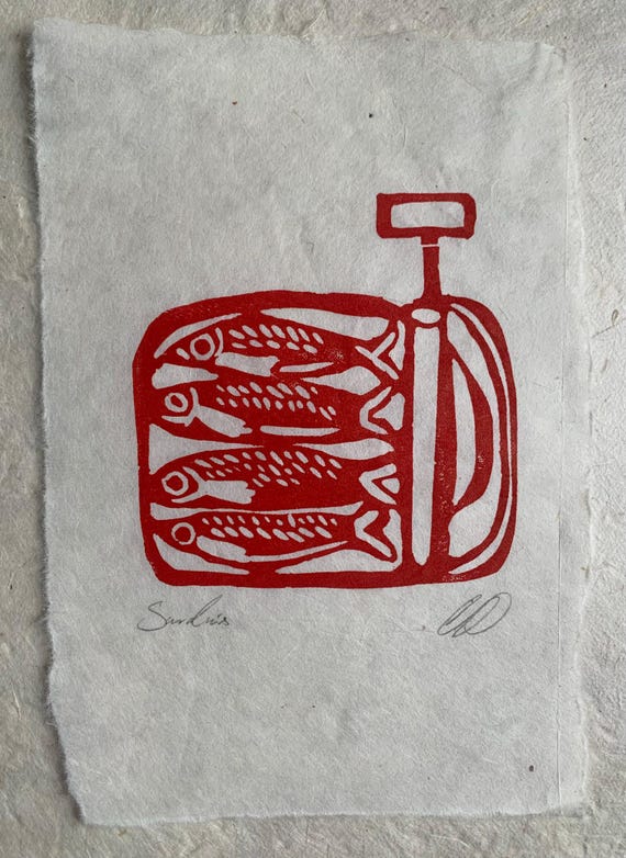Lino cut sardine original print on handmade paper