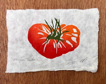 Lino print Tomato on handmade paper - A6