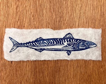 Lino print mackerel fish original on handmade paper