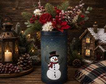 Snowman Leather Vase | Handmade Christmas Decor | Winter Floral Vase | Holiday Centerpiece | Rustic Christmas Decoration | Winter Home Decor
