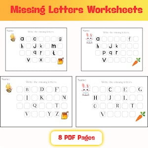 8 Printable Missing Letters Worksheets, Uppercase and Lowercase Letters, A-Z Alphabets, Toddlers Morning Activities, Digital Download