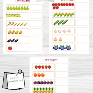 May include: A printable worksheet with the text "Let's Count!" and images of various fruits and vegetables. The worksheet is designed for children to count the number of items in each row.