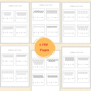 Puede incluir: Hojas de trabajo PDF educativas para actividades de suma y color. Las hojas de trabajo presentan problemas de matemáticas con ayudas visuales como manzanas, lápices y estrellas. La imagen incluye el texto "Addition Worksheets" y "6 PDF Pages".