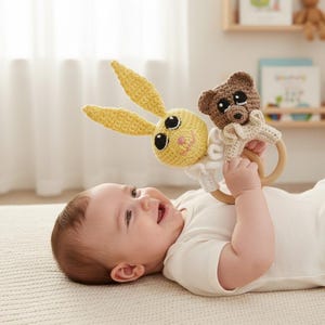 Bunny & Bear Teething Ring Crochet Pattern PDF | Easy Amigurumi Baby Teether | Wooden Ring Cover | Instant Download