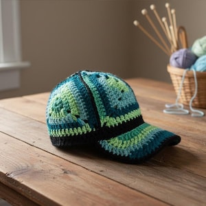 Peut inclure: Casquette de baseball au crochet faite à la main dans les tons de bleu sarcelle, de vert et de noir. La casquette présente un motif rayé sur le bord et un design texturé à tissage ouvert. La casquette est exposée sur une surface en bois.