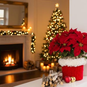 Peut inclure: Une scène de Noël festive avec un sapin décoré de lumières scintillantes, une cheminée avec un feu et un pot de poinsettia rouge dans un pot en tricot. Des ornements et une pile de bûches ajoutent à l'ambiance des fêtes.
