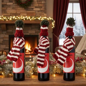 Peut inclure: Trois bouteilles de vin décorées de bonnets et d'écharpes tricotés festifs. Les bonnets sont rouges avec des pompons verts, et les écharpes sont rayées rouge et blanc. Les bouteilles ont des étiquettes rouges avec un croissant de lune blanc.