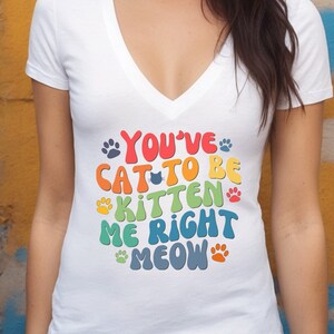 You've Cat to be Kitten Me Right Meow, Cute Kitty Shirt Crazy Cat Ladies or Feline Lovers Women's Fit Deep V-Neck Tee, Bella + Canvas 6035