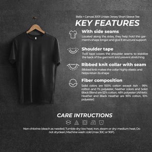 May include: Black Bella + Canvas 3001 Unisex Jersey Short Sleeve Tee with key features highlighted. The features include side seams, shoulder tape, ribbed knit collar with seam, and fiber composition. Care instructions are listed below.
