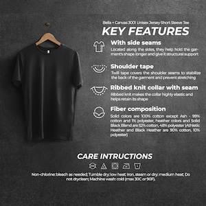 May include: Black Bella + Canvas 3001 Unisex Jersey Short Sleeve Tee with key features highlighted. The features include side seams, shoulder tape, ribbed knit collar with seam, and fiber composition. Care instructions are listed below.