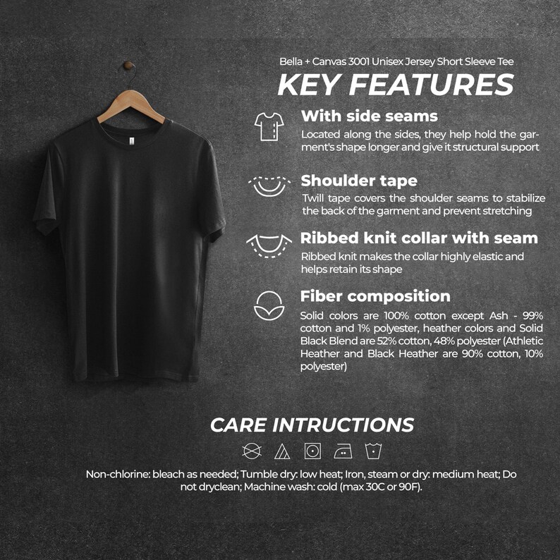 May include: Black Bella + Canvas 3001 Unisex Jersey Short Sleeve Tee with key features highlighted. The features include side seams, shoulder tape, ribbed knit collar with seam, and fiber composition. Care instructions are listed below.