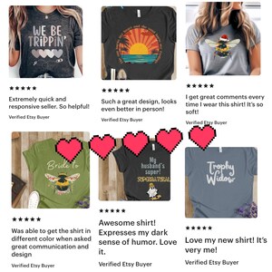 May include: A collection of six t-shirts with various designs and slogans. The designs include a bee with a Christmas hat, a sunset over the ocean, a ghost, a bee with the words "Bride to" and a trophy with the words "Trophy Widow".