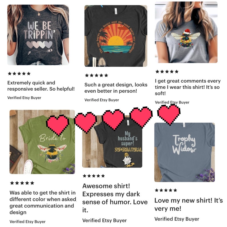 May include: A collection of six t-shirts with various designs and slogans. The designs include a bee with a Christmas hat, a sunset over the ocean, a ghost, a bee with the words "Bride to" and a trophy with the words "Trophy Widow".